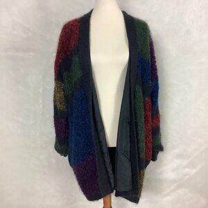Vintage 80s Black Green Red Blue Colorblock Mohair Open Front Sweater Jacket L